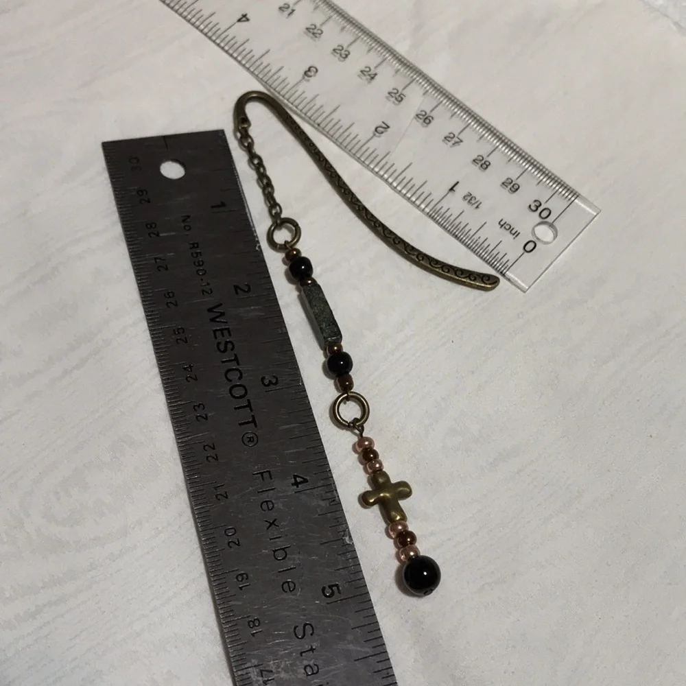 Metal Shepherds Hook Bookmark w/Chain, Metal Cross Bd, Gemstone Bds, & Glass Bds